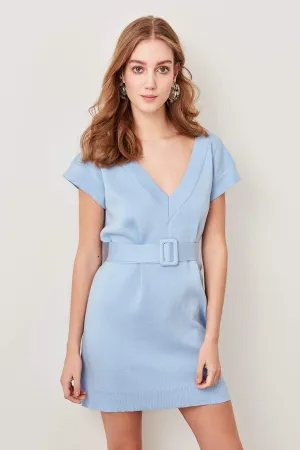 11594 Blue Belted Cotton Blend Sweater Dress