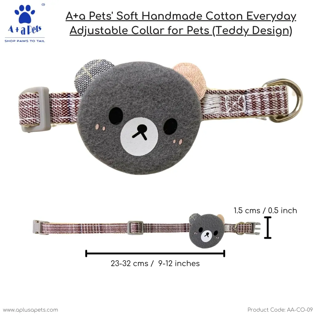 A a Pets' Teddy Design Soft Handmade Cotton Everyday Adjustable Cat Collar - Blue