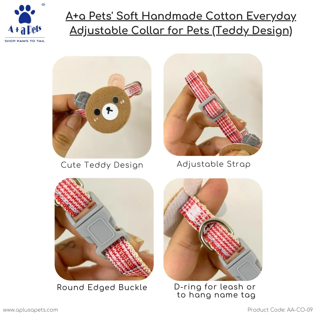 A a Pets' Teddy Design Soft Handmade Cotton Everyday Adjustable Cat Collar - Blue