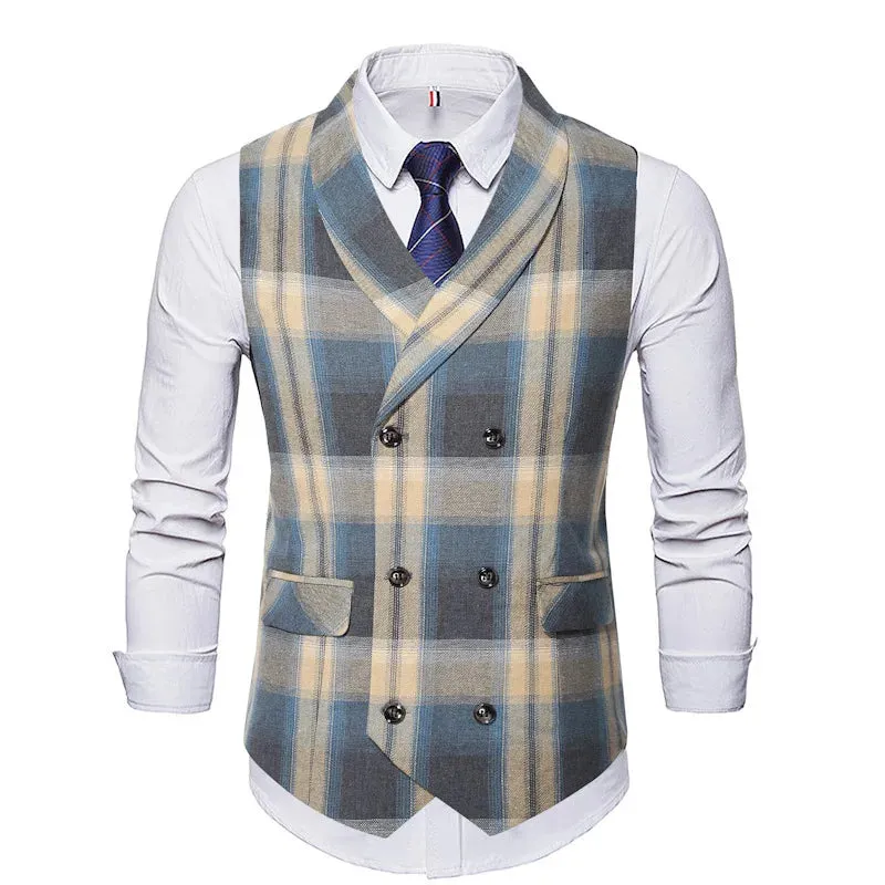 Advbridge Spring and Autumn New Double Rowed Men's Casual Vest Canshoulder British Fashion Slim Fit Checkered Vest Foreign Trade