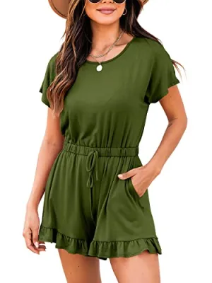 Army Green Summer Crewneck Casual Loose Short Sleeve Jumpsuit Rompers One Piece Pajamas Loungewear with Pockets - ANRABESS