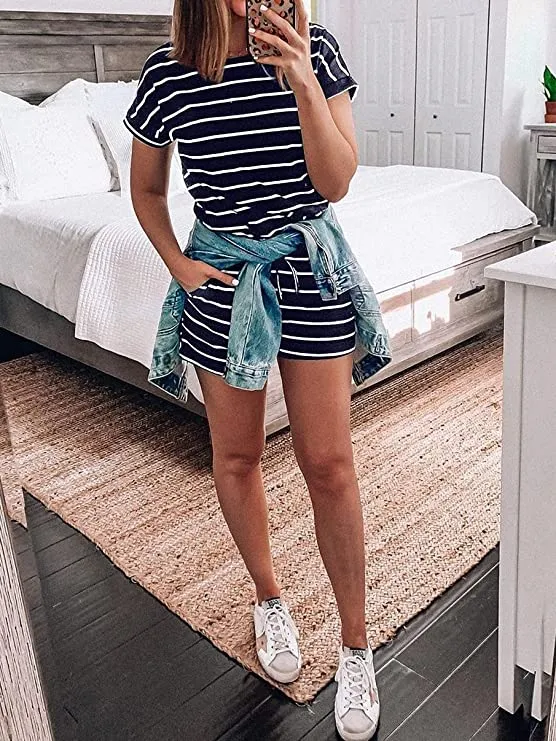 Army Green Summer Crewneck Casual Loose Short Sleeve Jumpsuit Rompers One Piece Pajamas Loungewear with Pockets - ANRABESS
