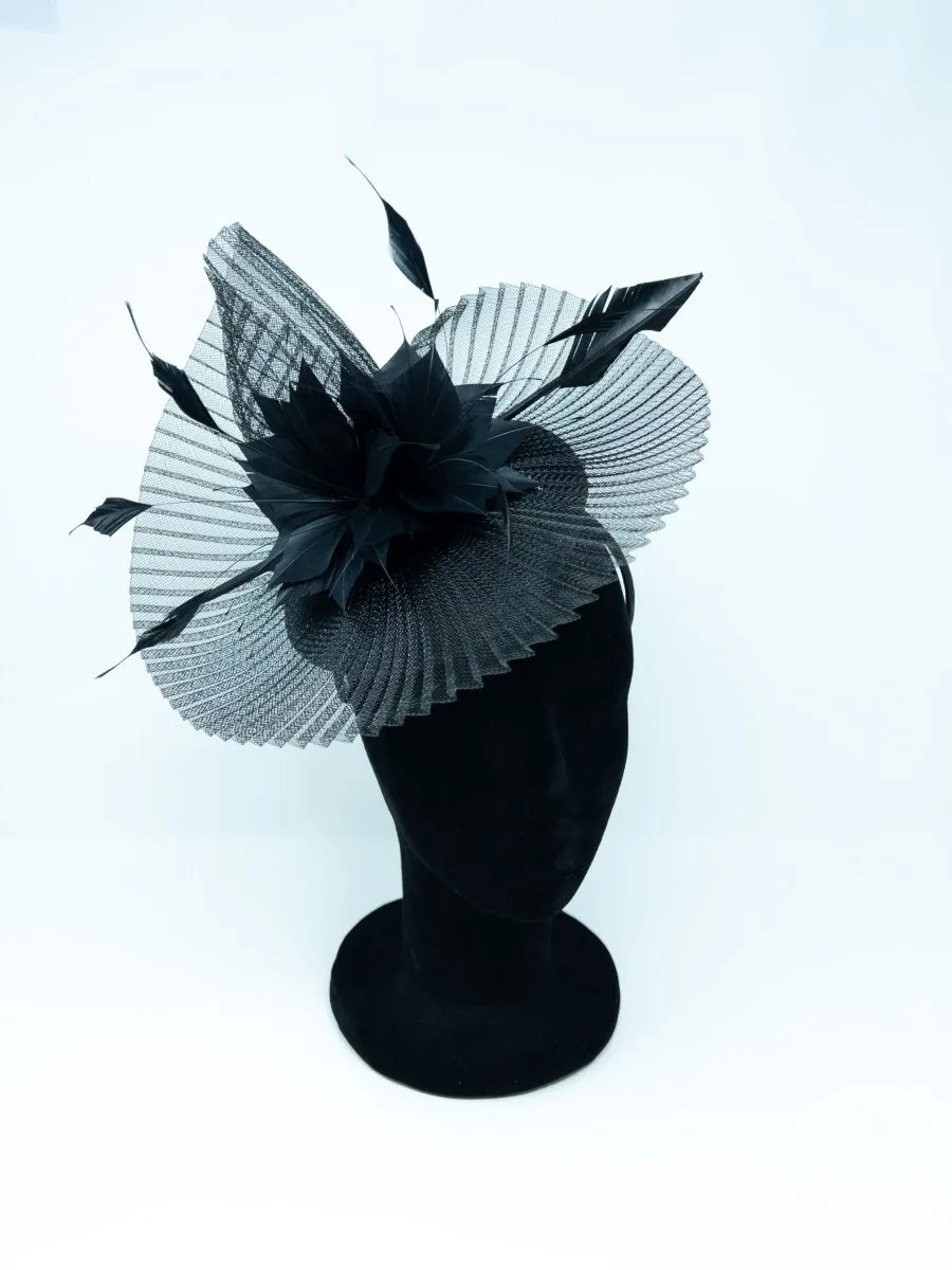 Black Feather Pleated Crin Net Hairband Fascinator