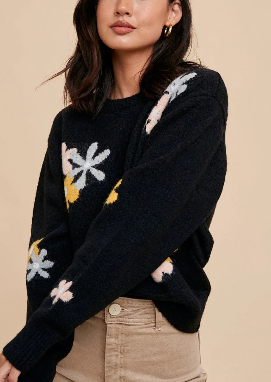 Black Floral Crewneck Sweater
