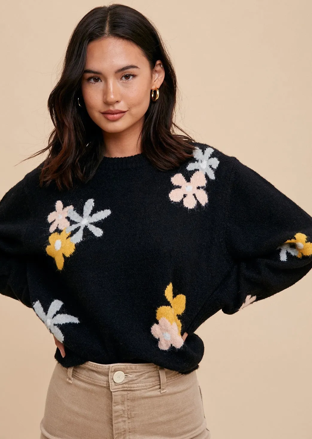 Black Floral Crewneck Sweater