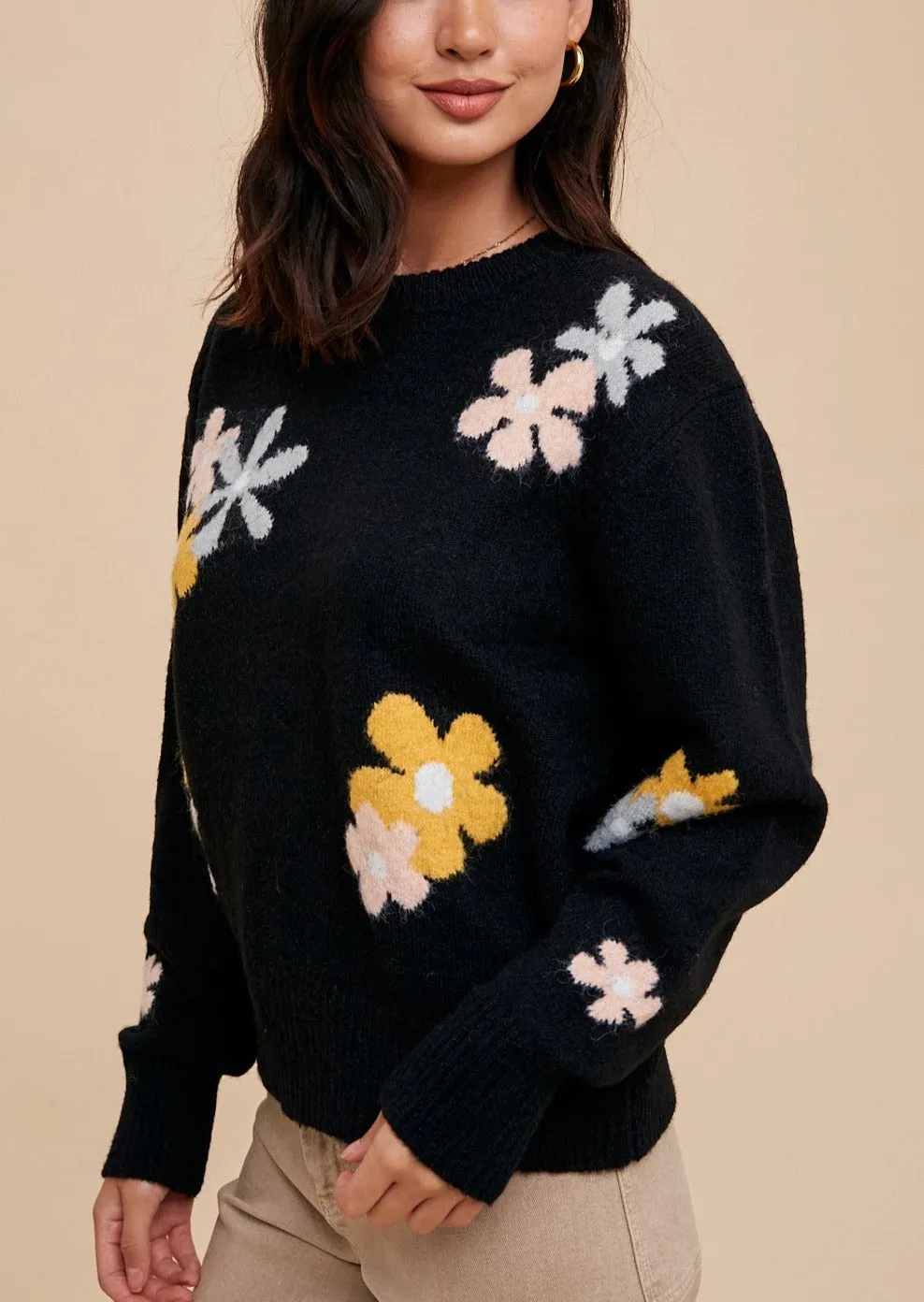 Black Floral Crewneck Sweater