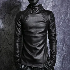 Black Stand Collar  Gothic Slim Fit Punk Men Faux Leather Jacket