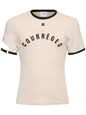Courreges   Logo print cotton t-shirt w/buckle 