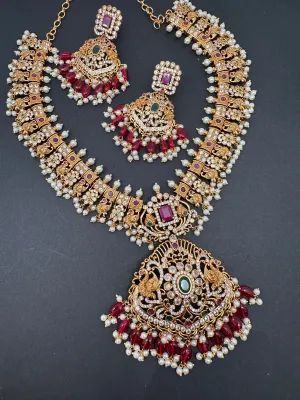 CZ Red Green Stone Red beads Peacock Design Guttapusalu Necklace