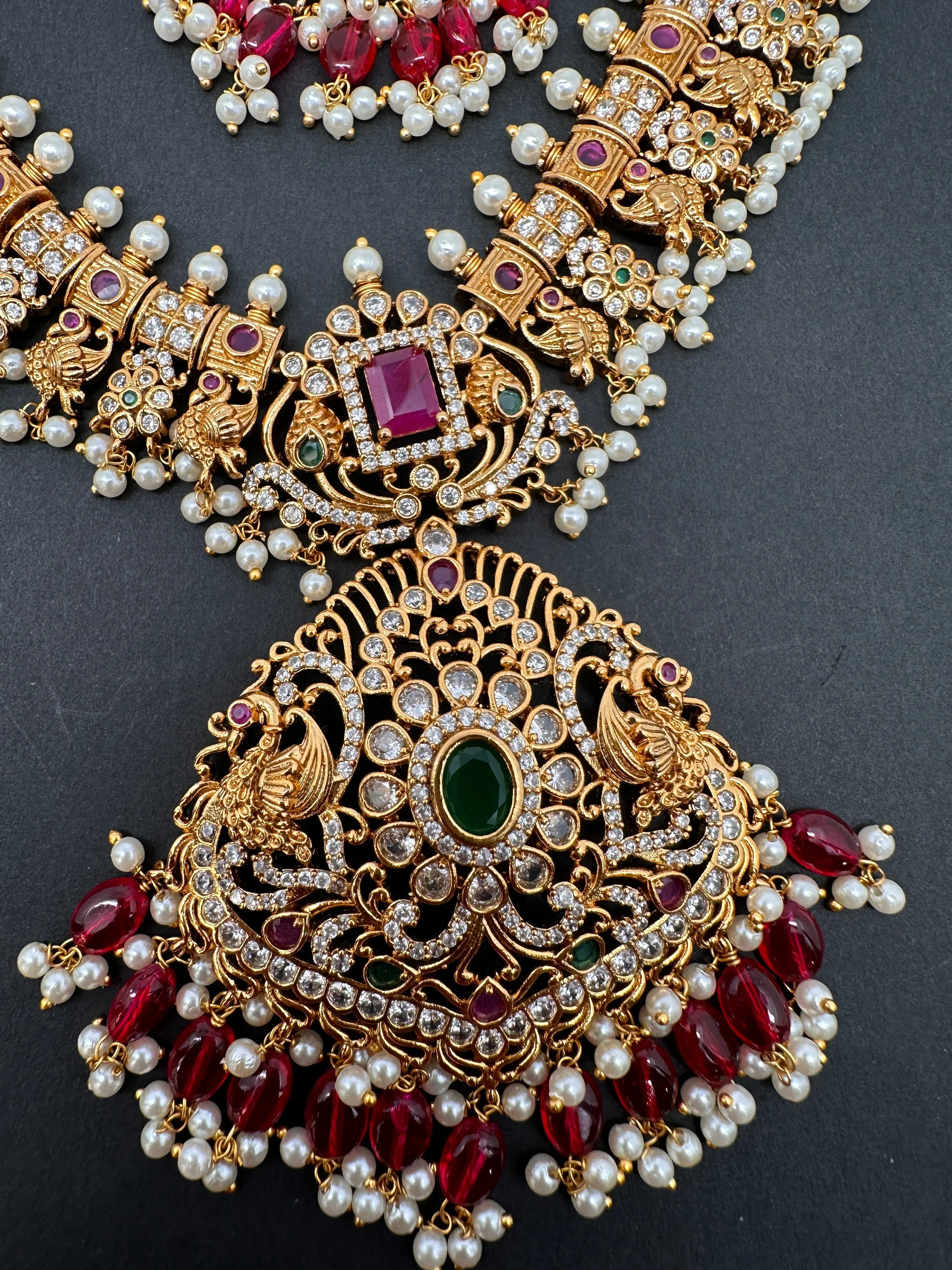 CZ Red Green Stone Red beads Peacock Design Guttapusalu Necklace
