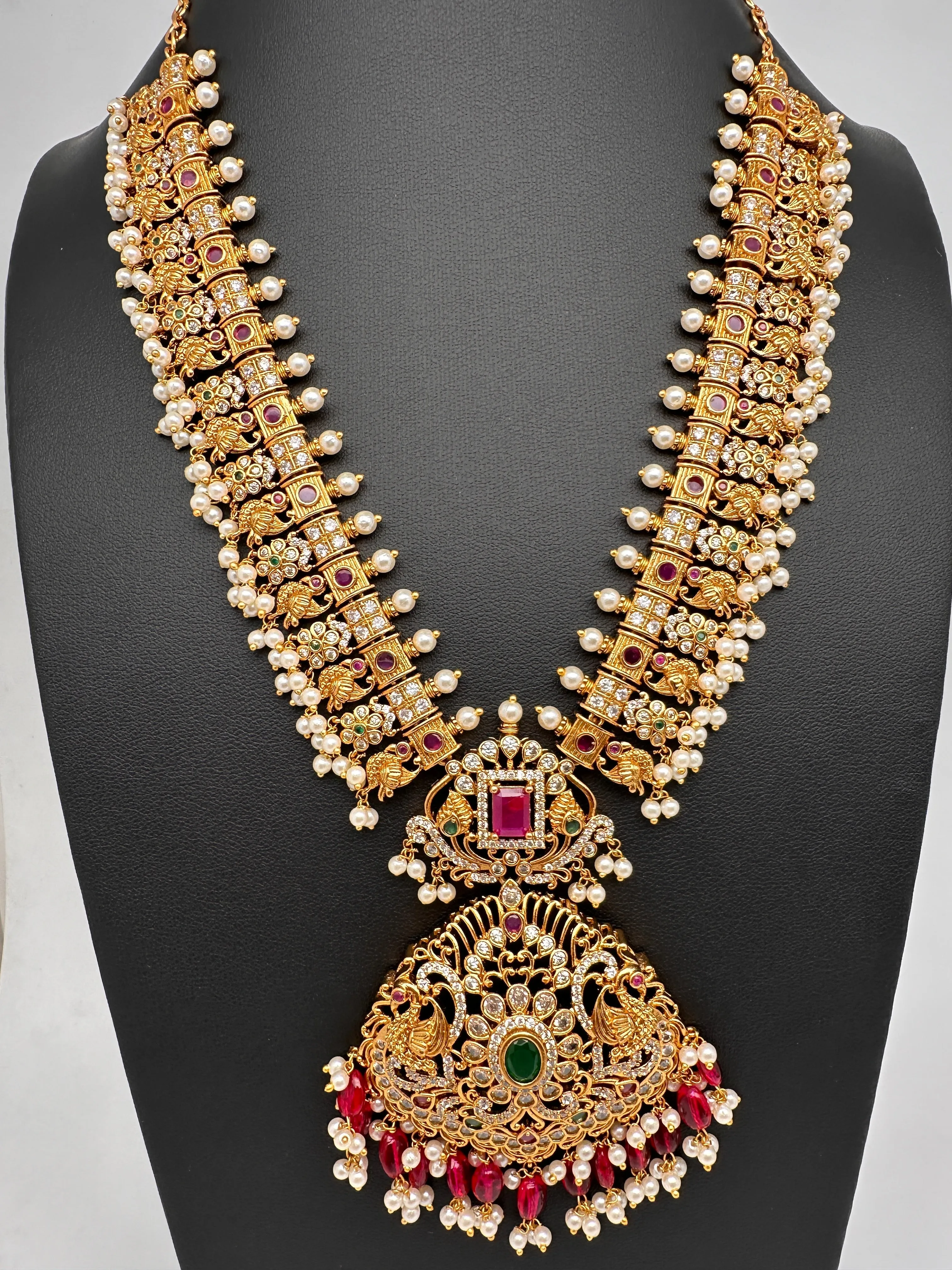 CZ Red Green Stone Red beads Peacock Design Guttapusalu Necklace