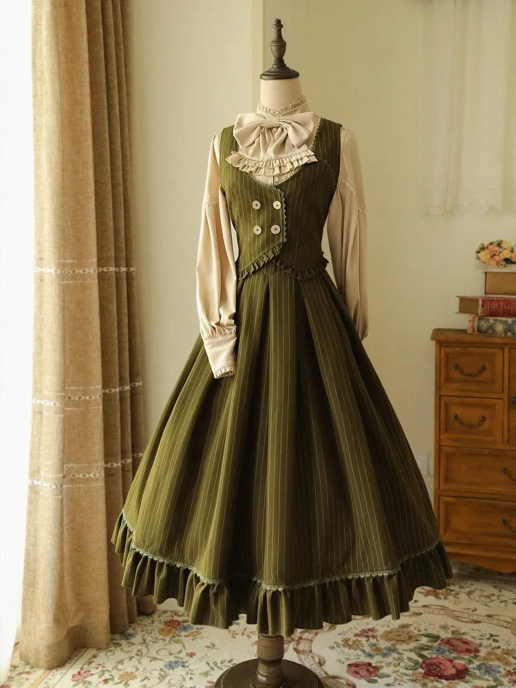 Dark Green High Waist Striped Pattern Historical Vibes Classic Skirt