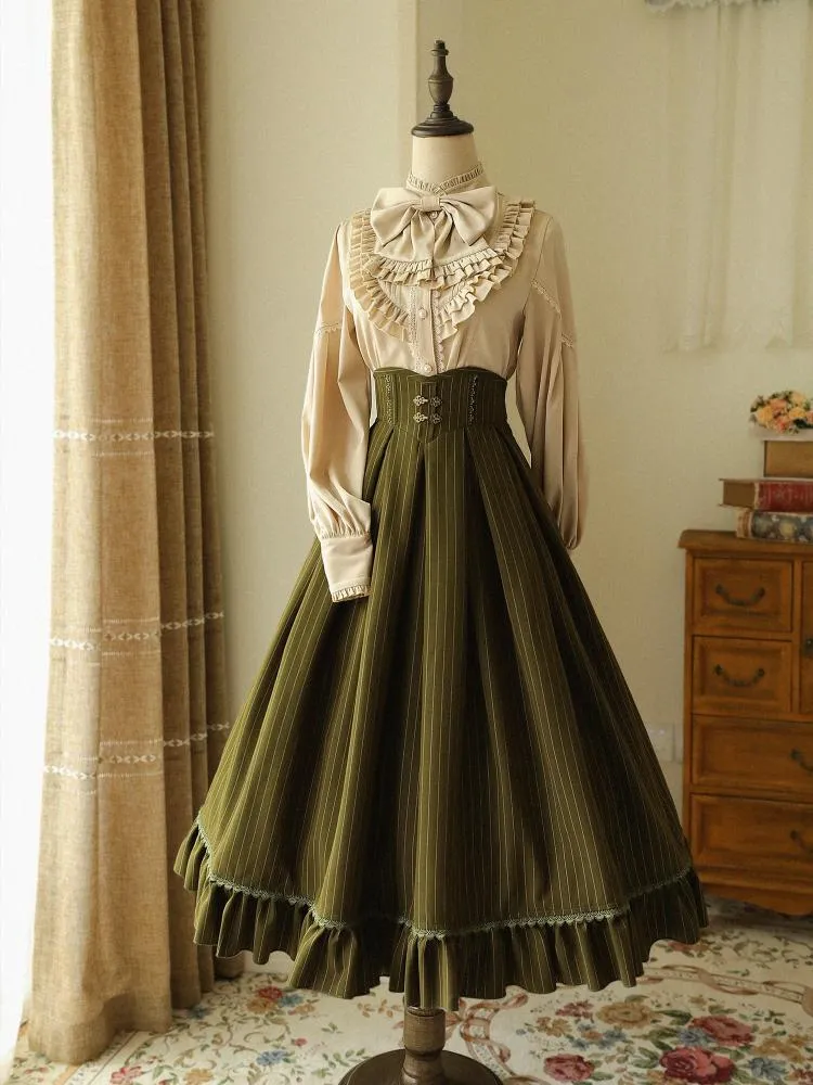 Dark Green High Waist Striped Pattern Historical Vibes Classic Skirt