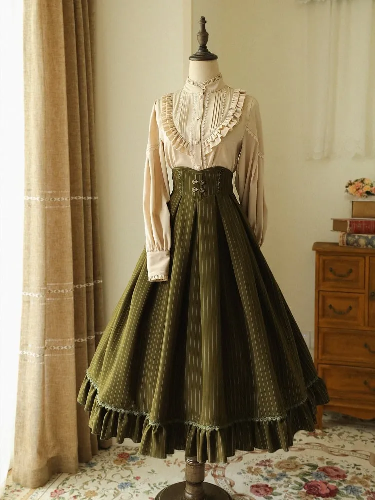 Dark Green High Waist Striped Pattern Historical Vibes Classic Skirt