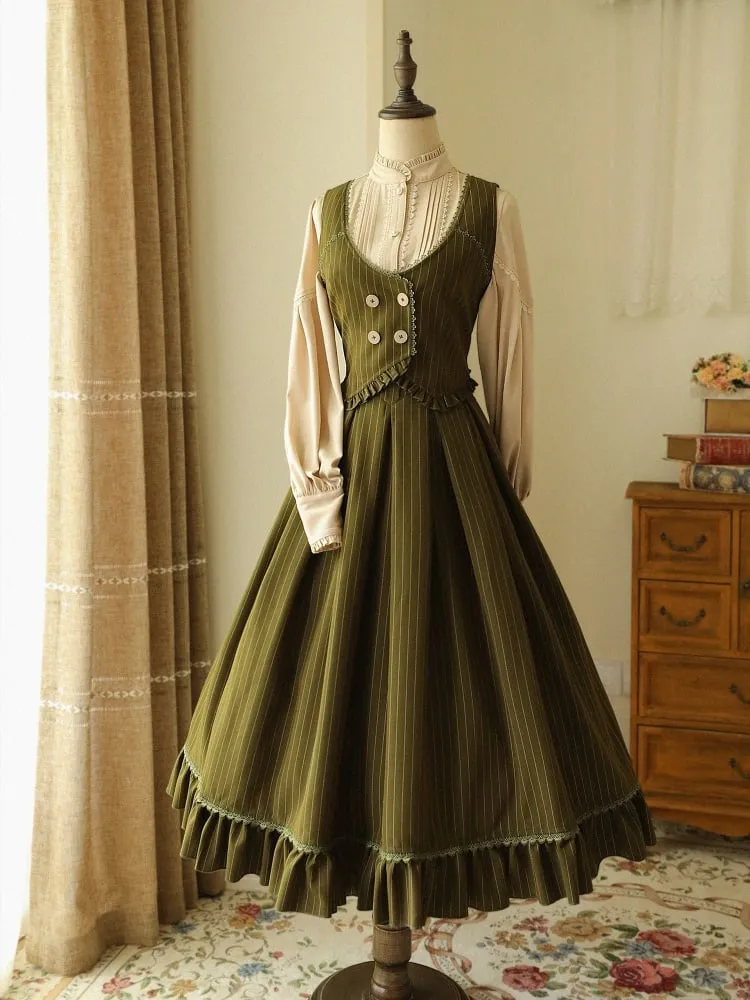Dark Green High Waist Striped Pattern Historical Vibes Classic Skirt