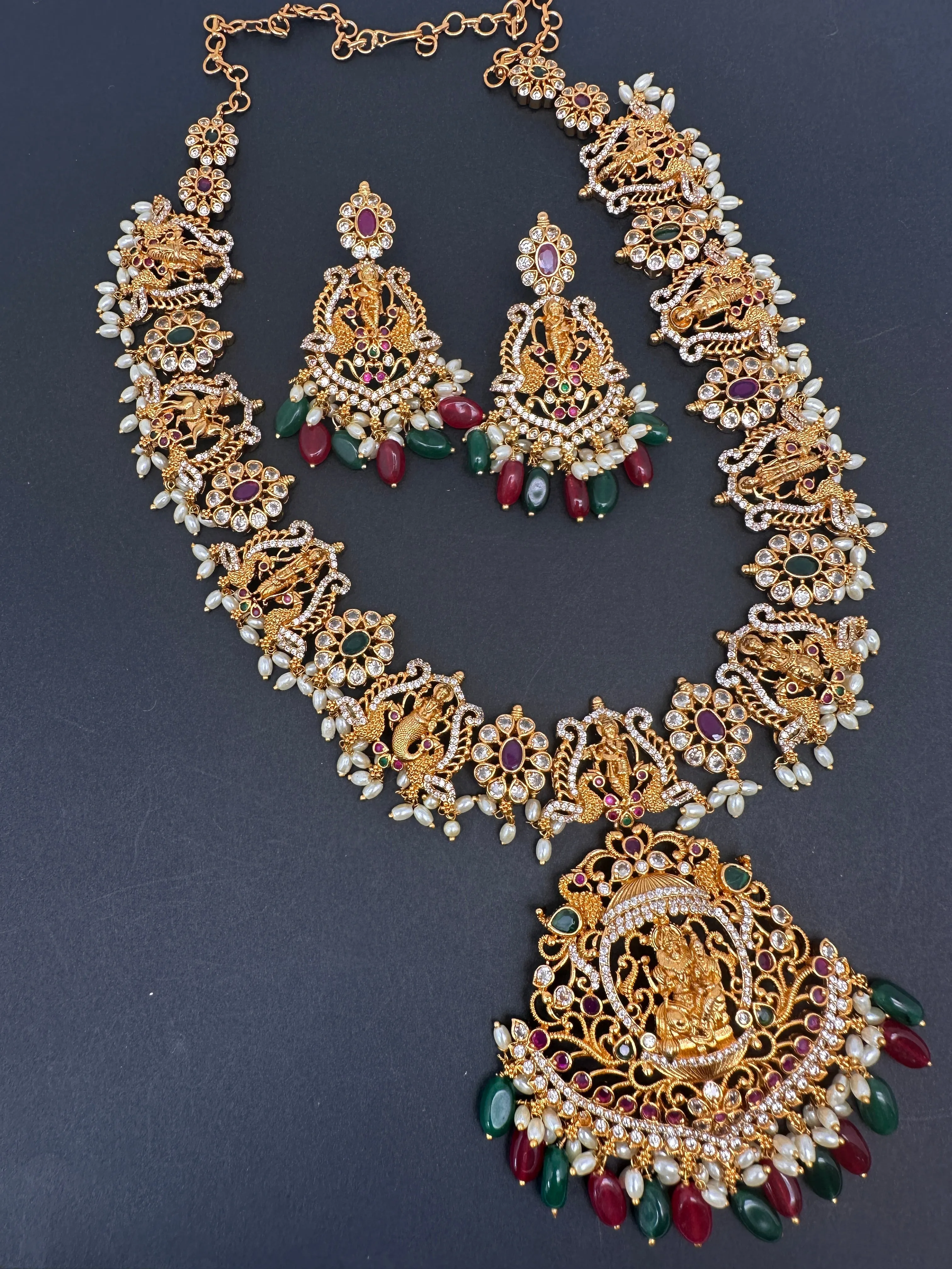 Dashavataram Red Green Stone Red Green beads Long Necklace