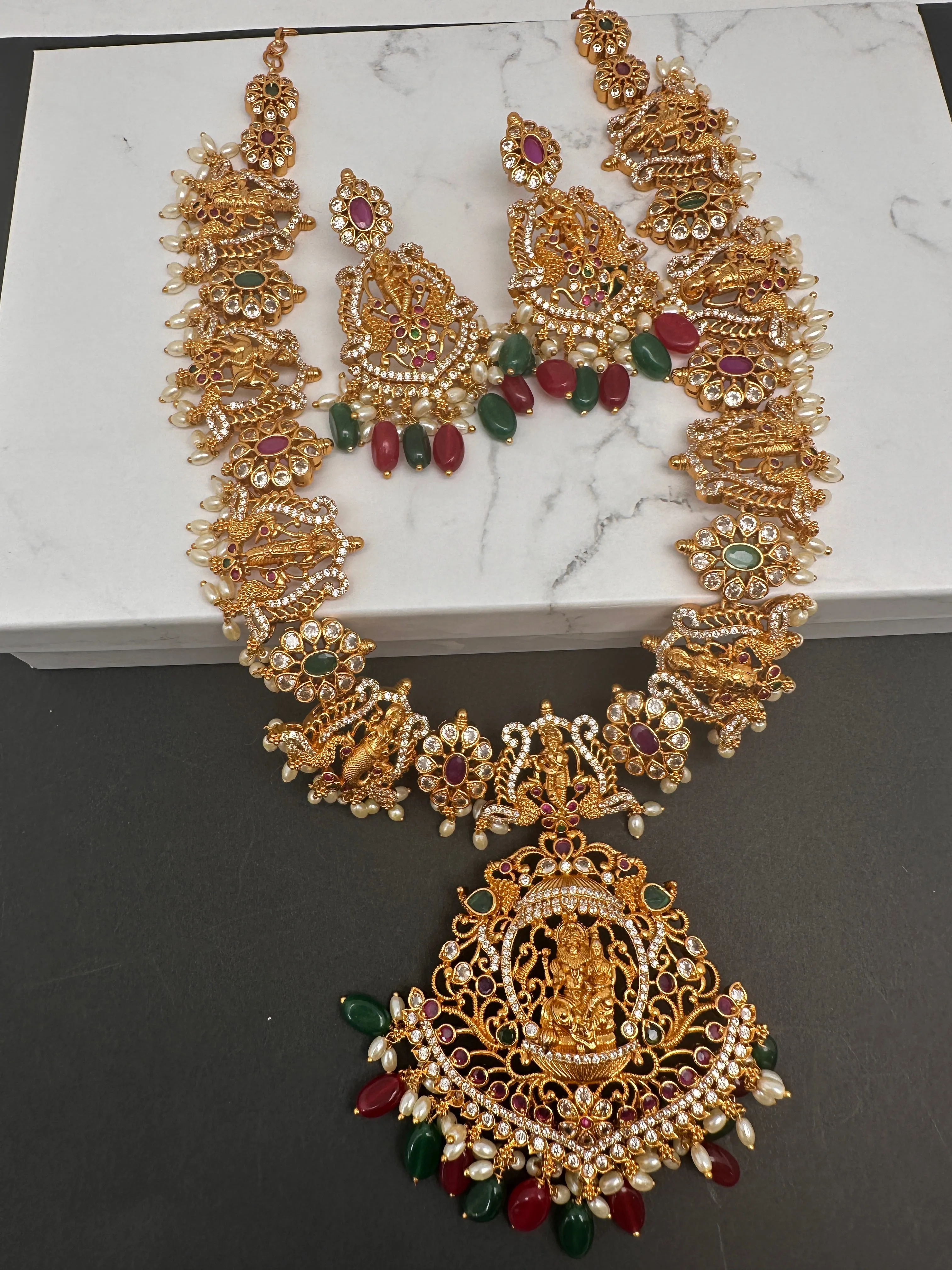 Dashavataram Red Green Stone Red Green beads Long Necklace