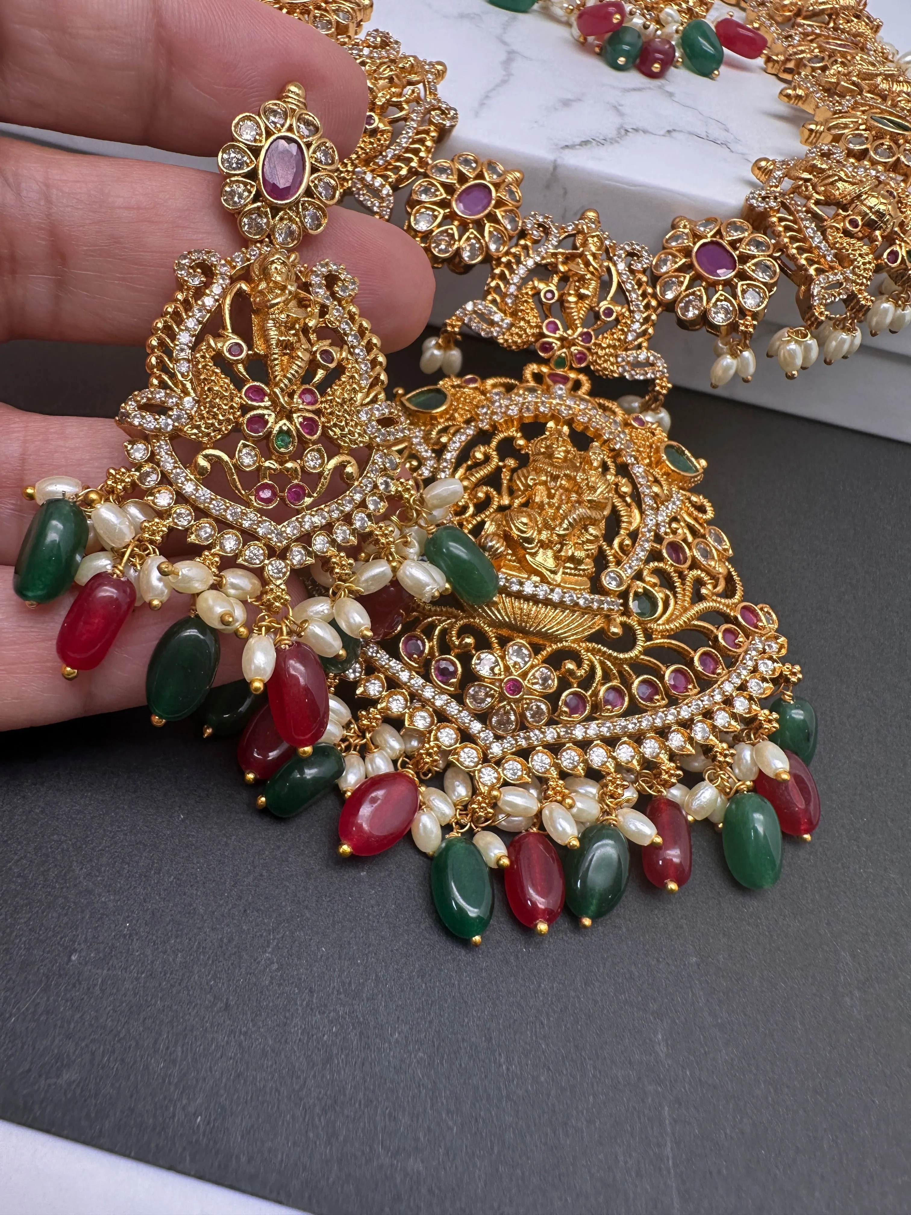Dashavataram Red Green Stone Red Green beads Long Necklace