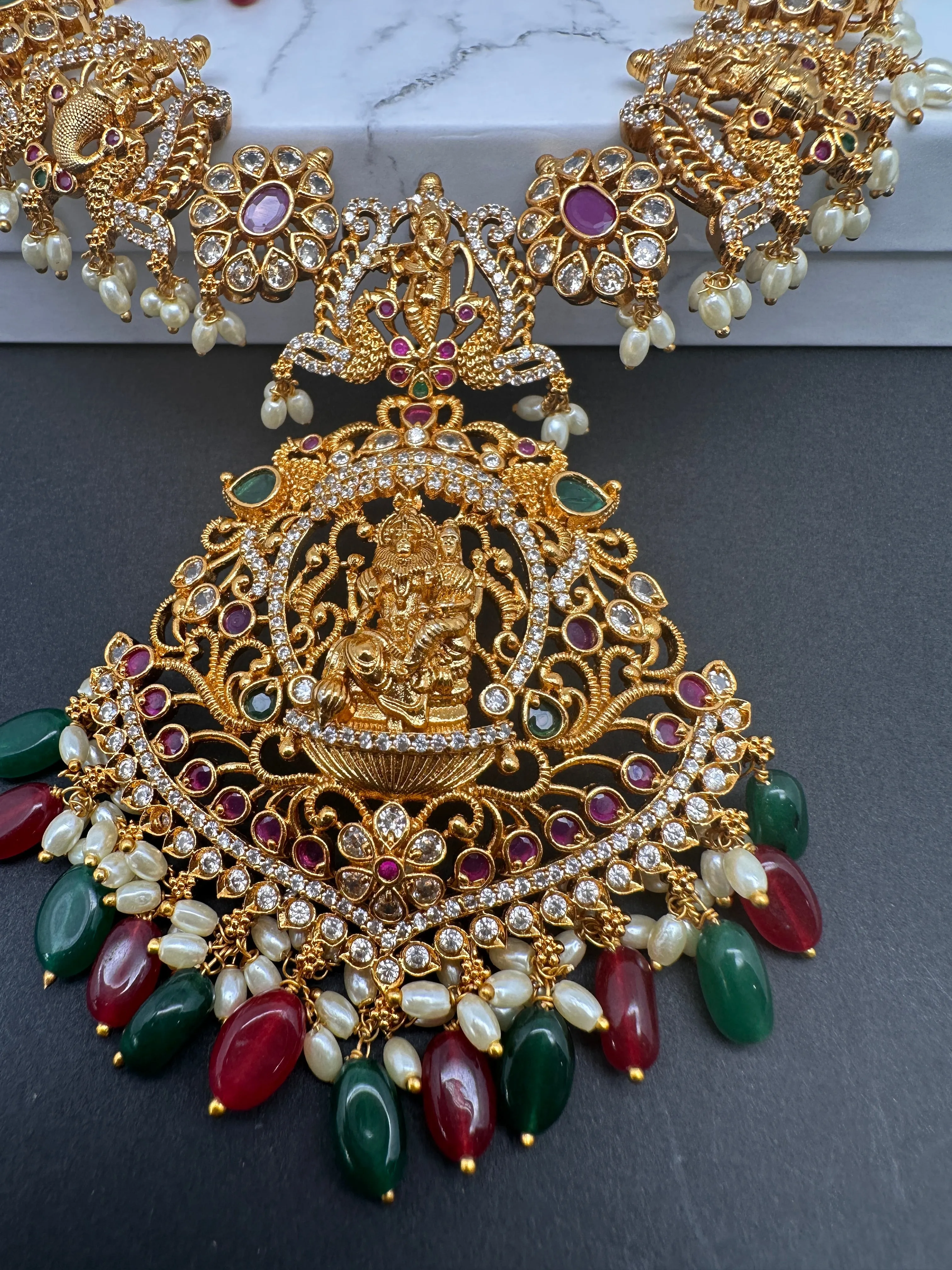Dashavataram Red Green Stone Red Green beads Long Necklace