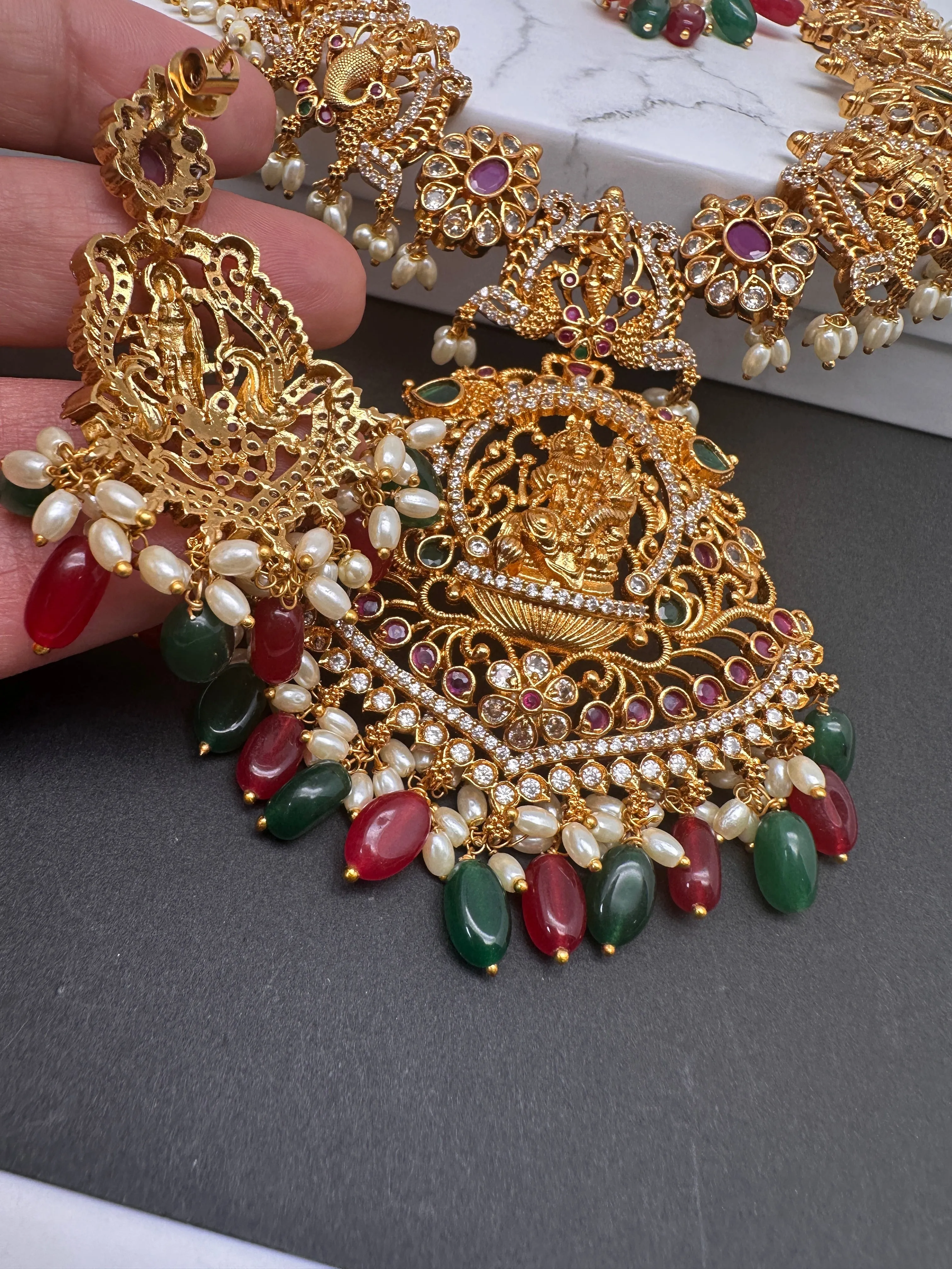 Dashavataram Red Green Stone Red Green beads Long Necklace