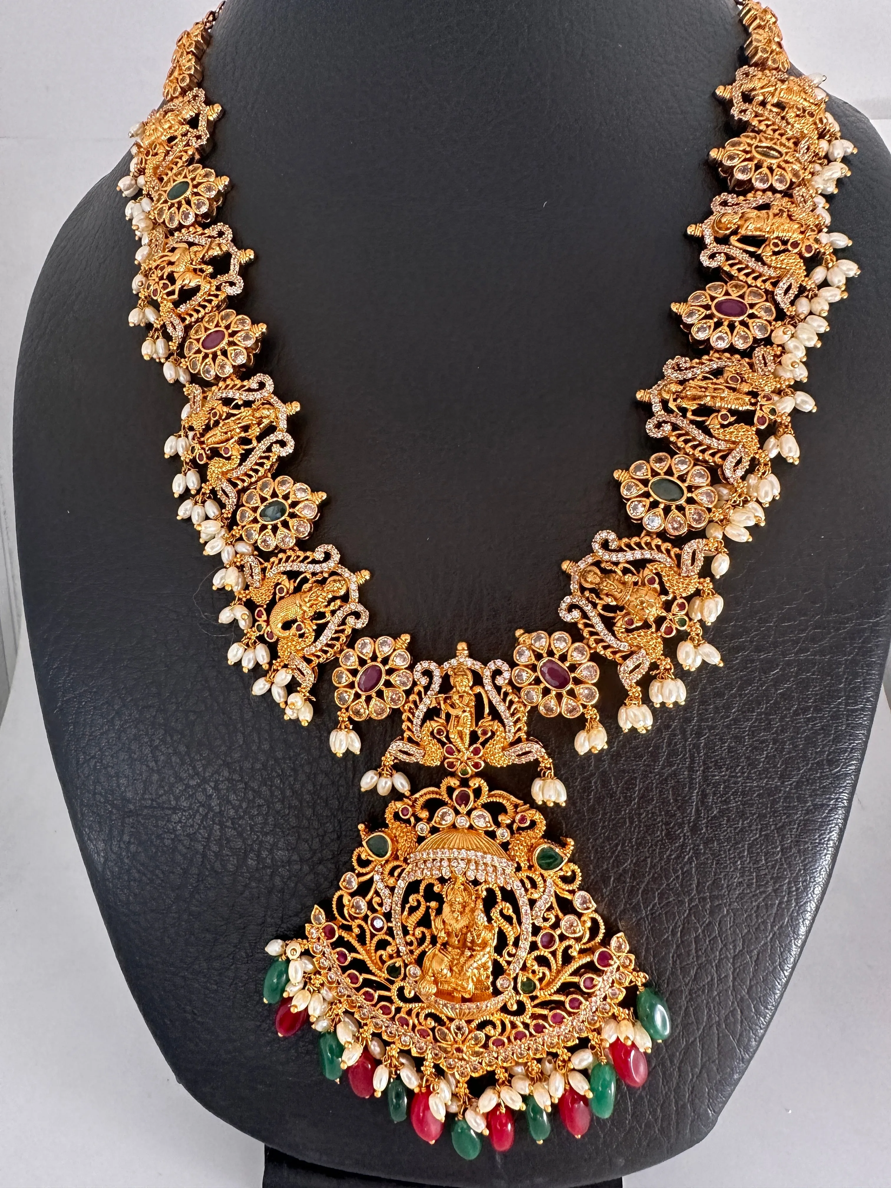 Dashavataram Red Green Stone Red Green beads Long Necklace