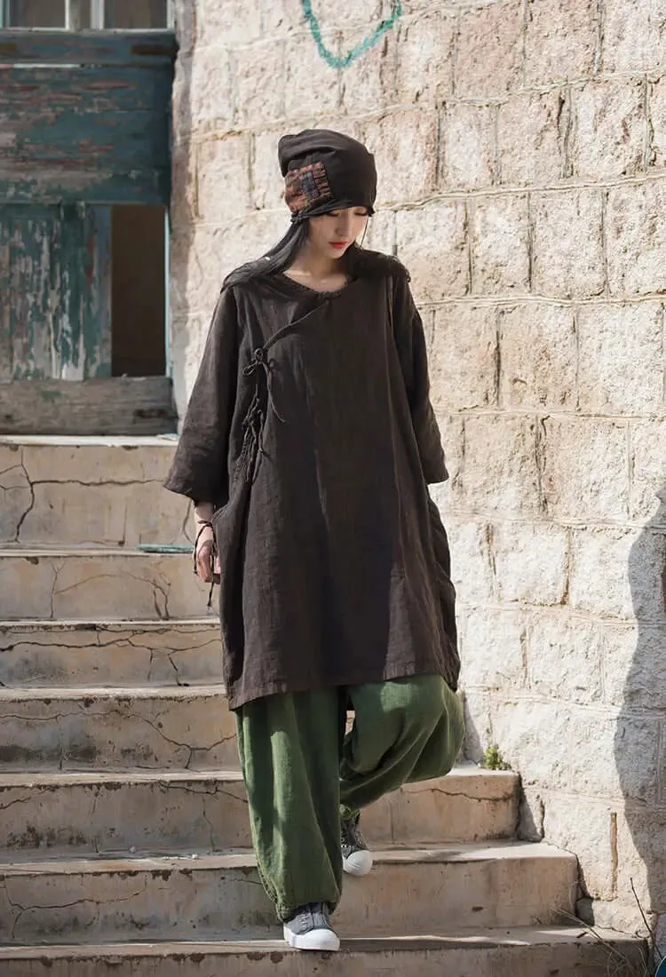 Elegant Vintage Dark Brown Linen Shirt for Women