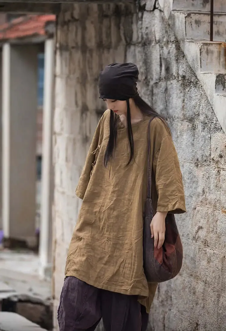 Elegant Vintage Dark Brown Linen Shirt for Women