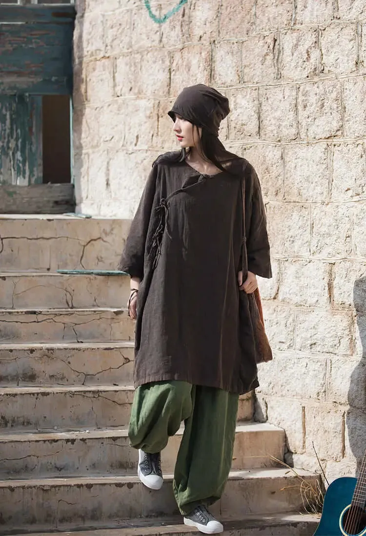 Elegant Vintage Dark Brown Linen Shirt for Women