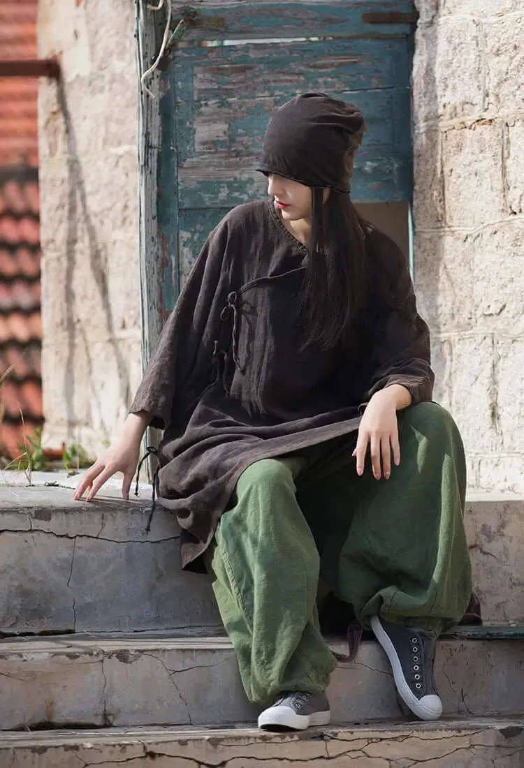 Elegant Vintage Dark Brown Linen Shirt for Women