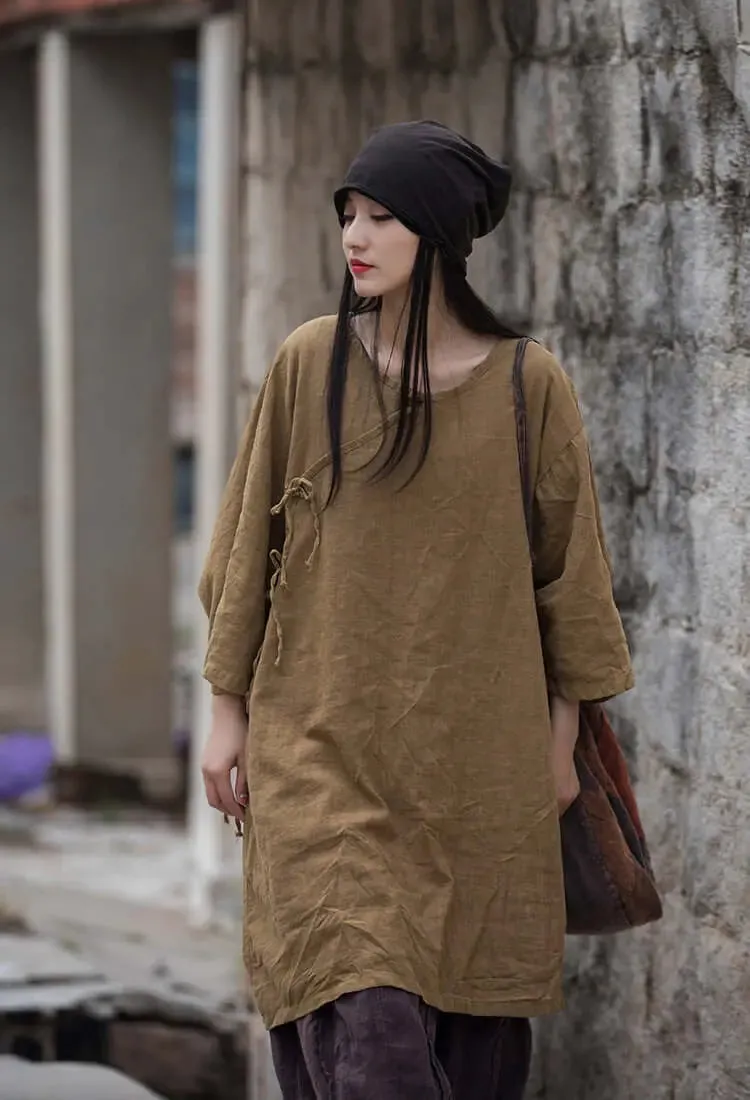Elegant Vintage Dark Brown Linen Shirt for Women