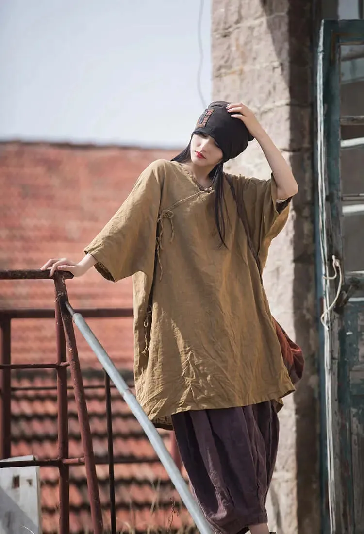 Elegant Vintage Dark Brown Linen Shirt for Women