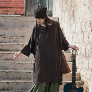Elegant Vintage Dark Brown Linen Shirt for Women