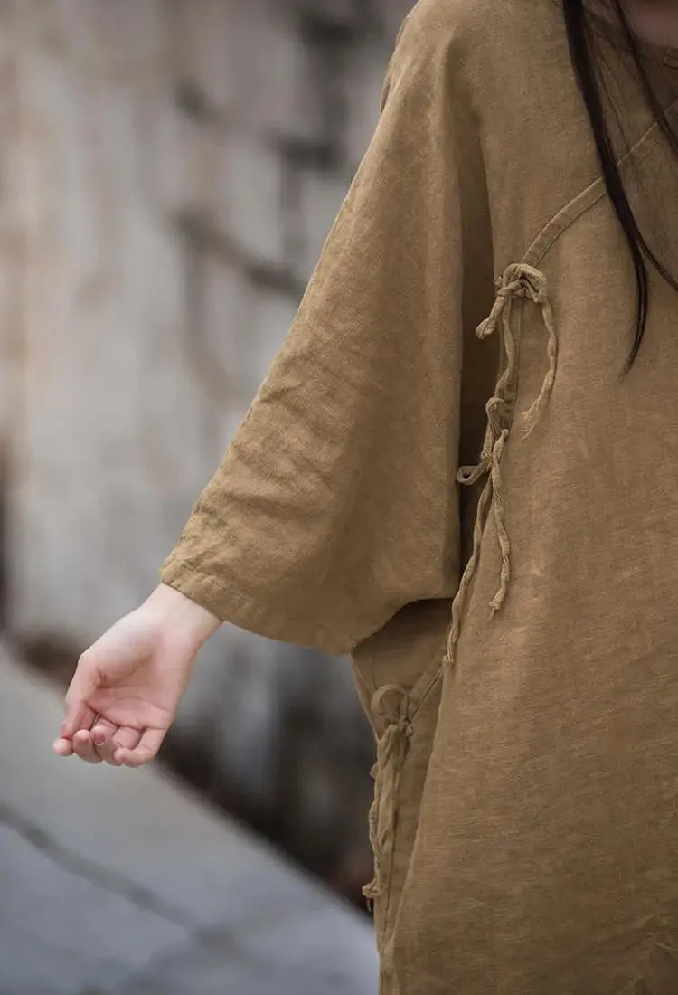 Elegant Vintage Dark Brown Linen Shirt for Women