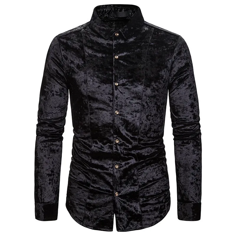 Fashion Trend Diamond Velvet High-end Men's Lapel Long-sleeved Shirt