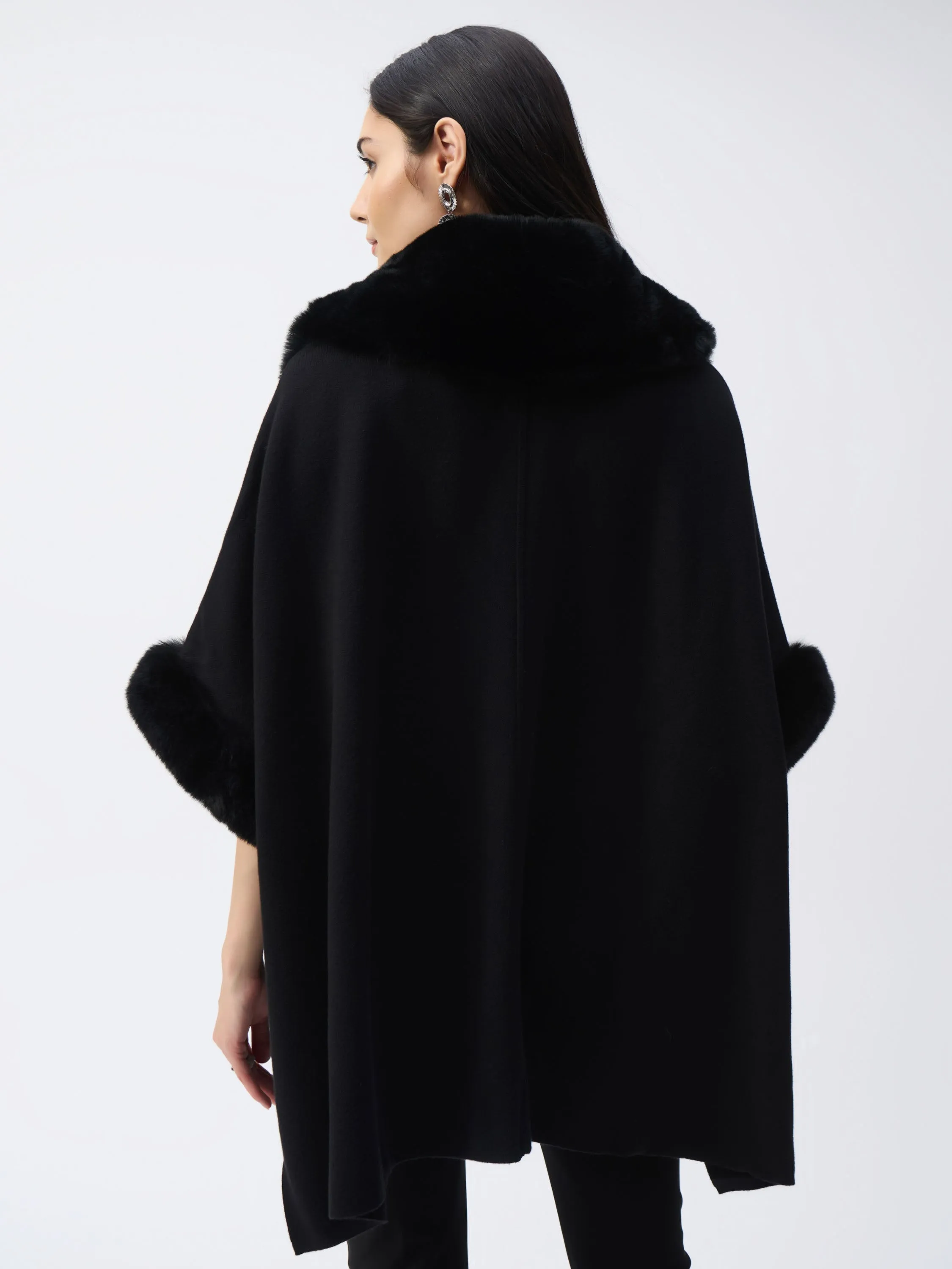 Faux Fur Trim Cape, Black