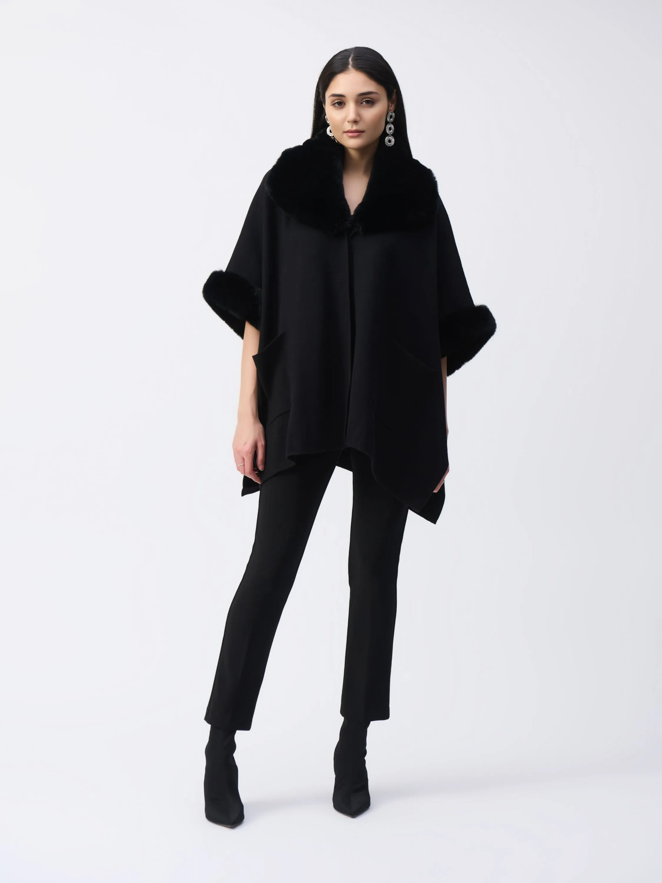 Faux Fur Trim Cape, Black