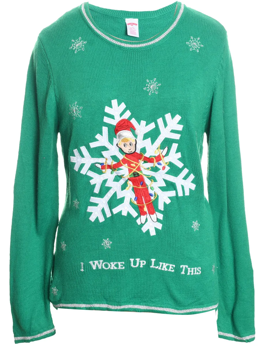 Festive Season Green Knit Christmas Jumper - L