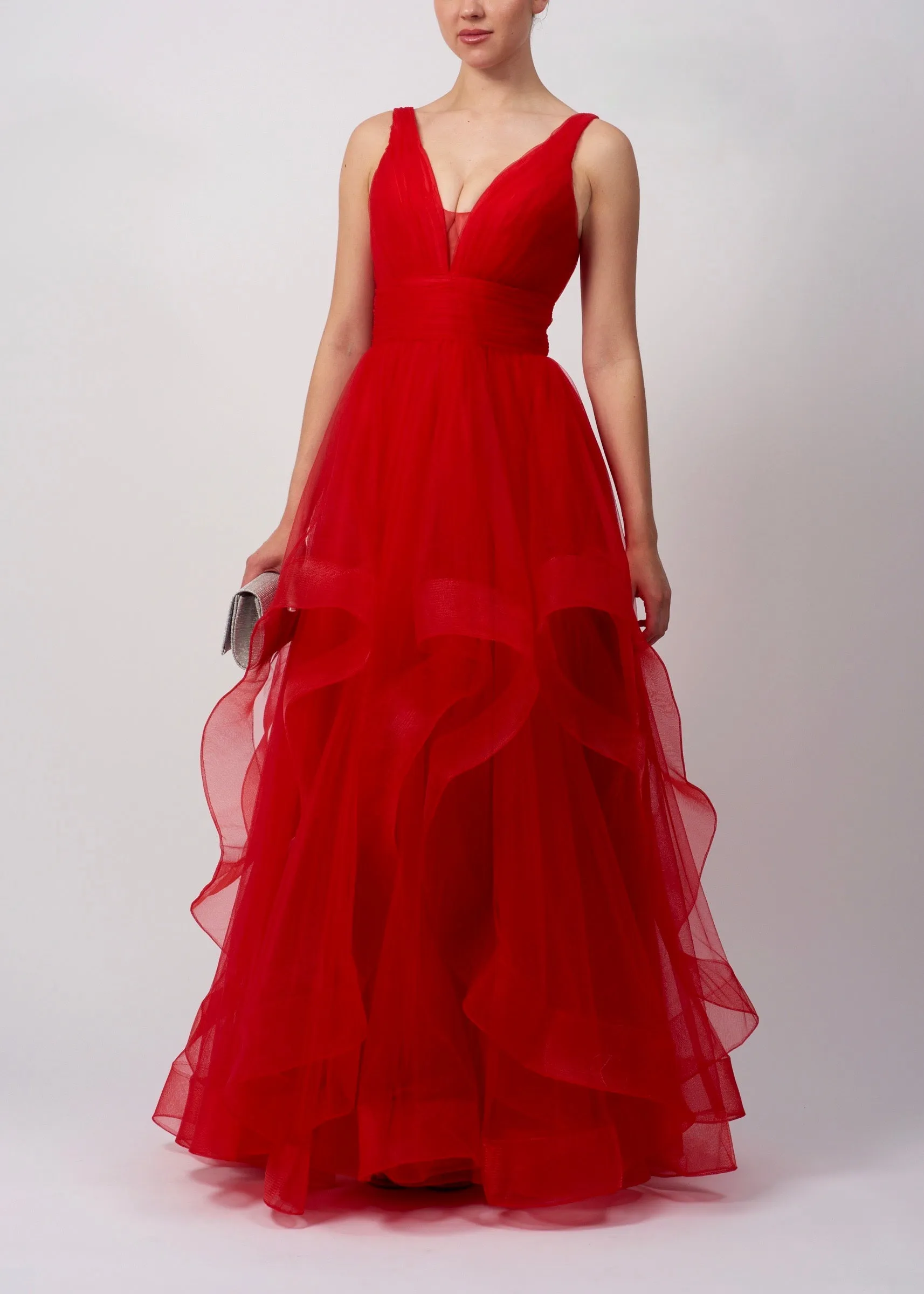 Fifi waterfall tulle prom dress green and red