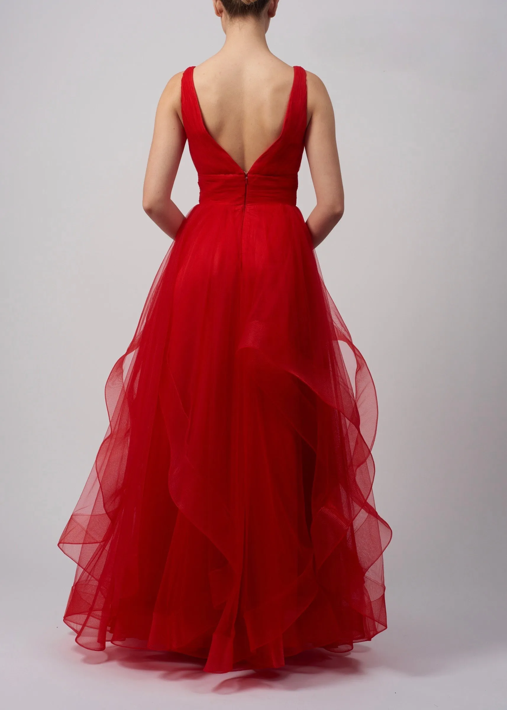 Fifi waterfall tulle prom dress green and red