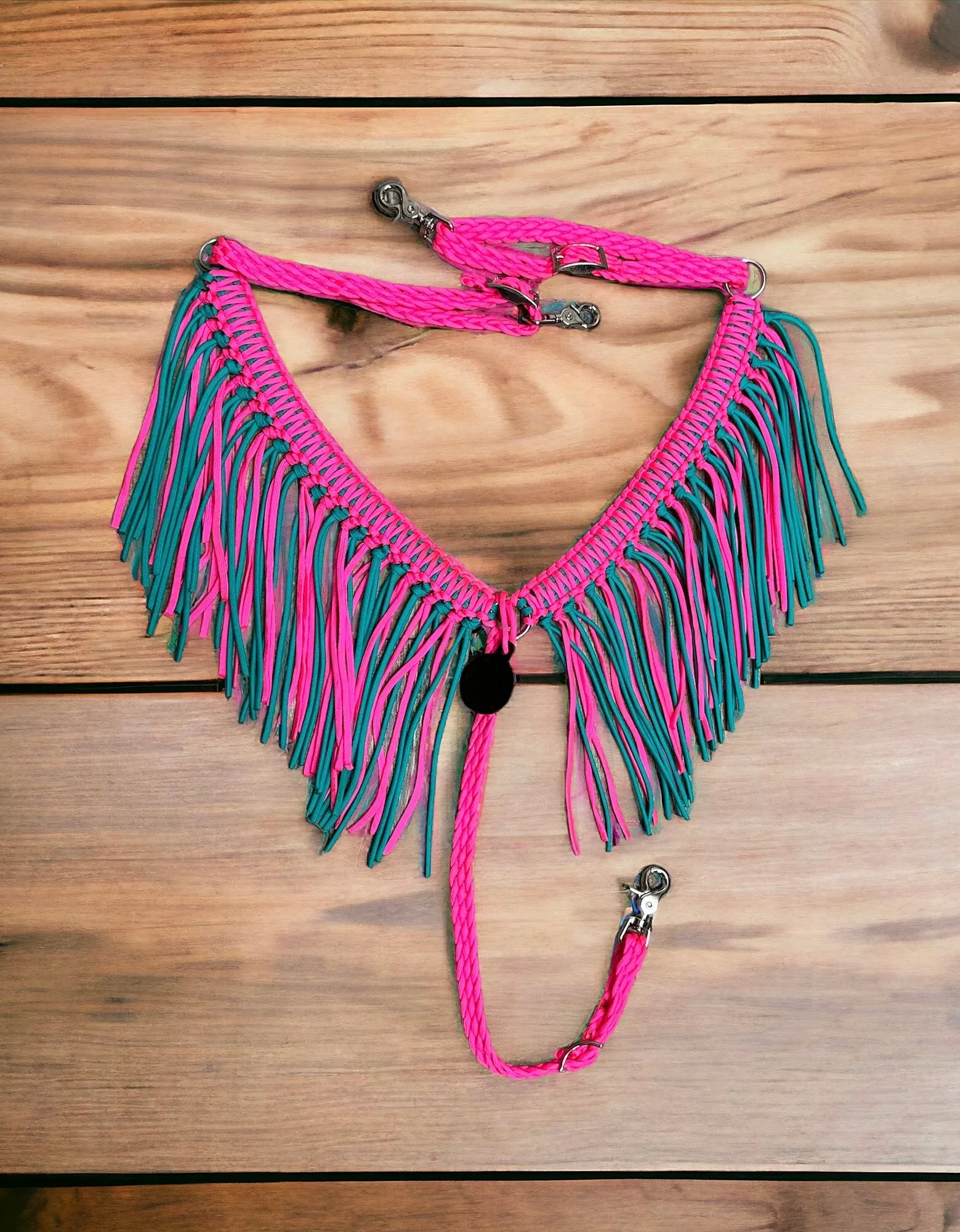 fringe breast collar hot pink and green turquoise
