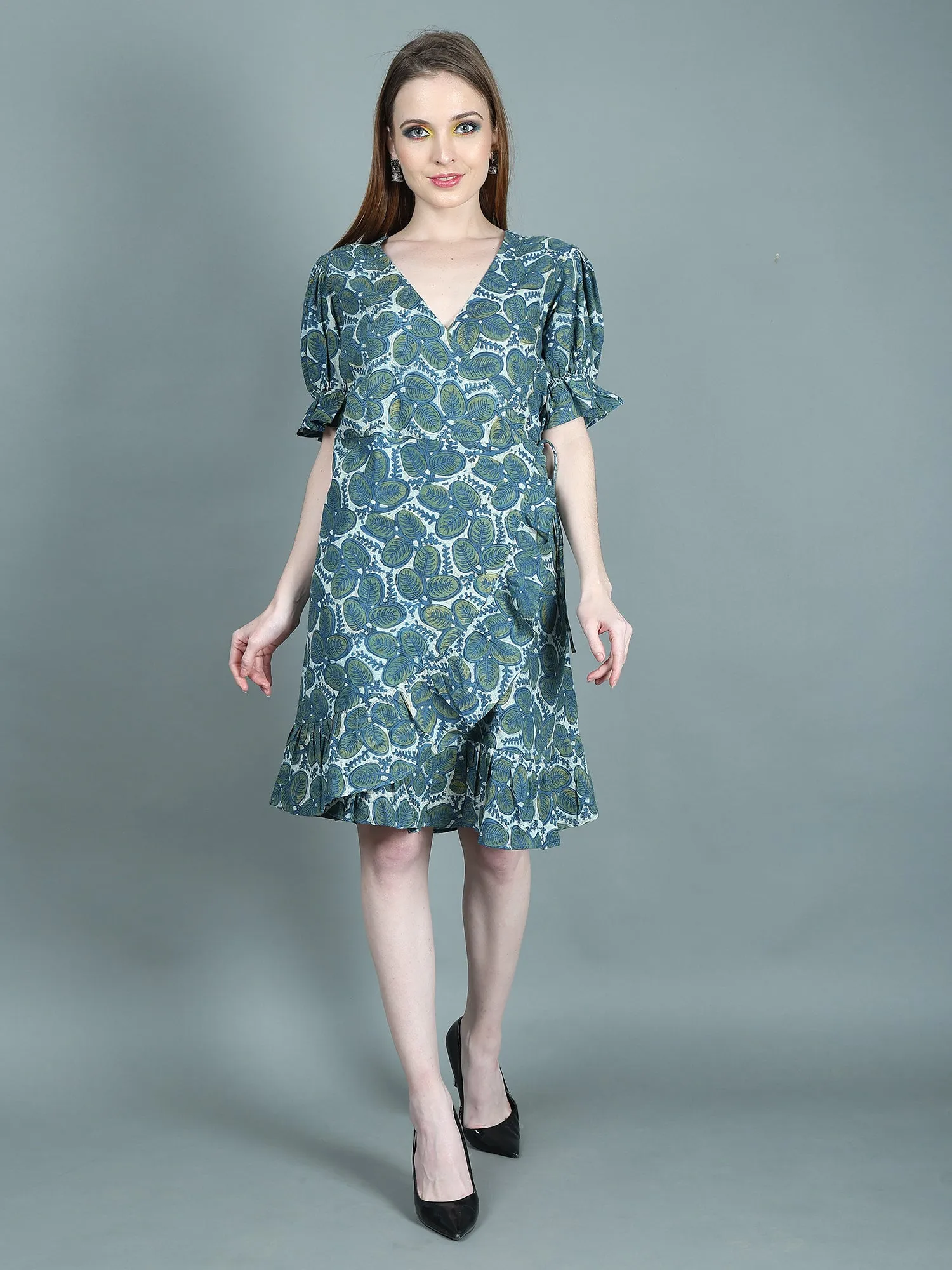 Handlock Print Blue Short Dress for Women