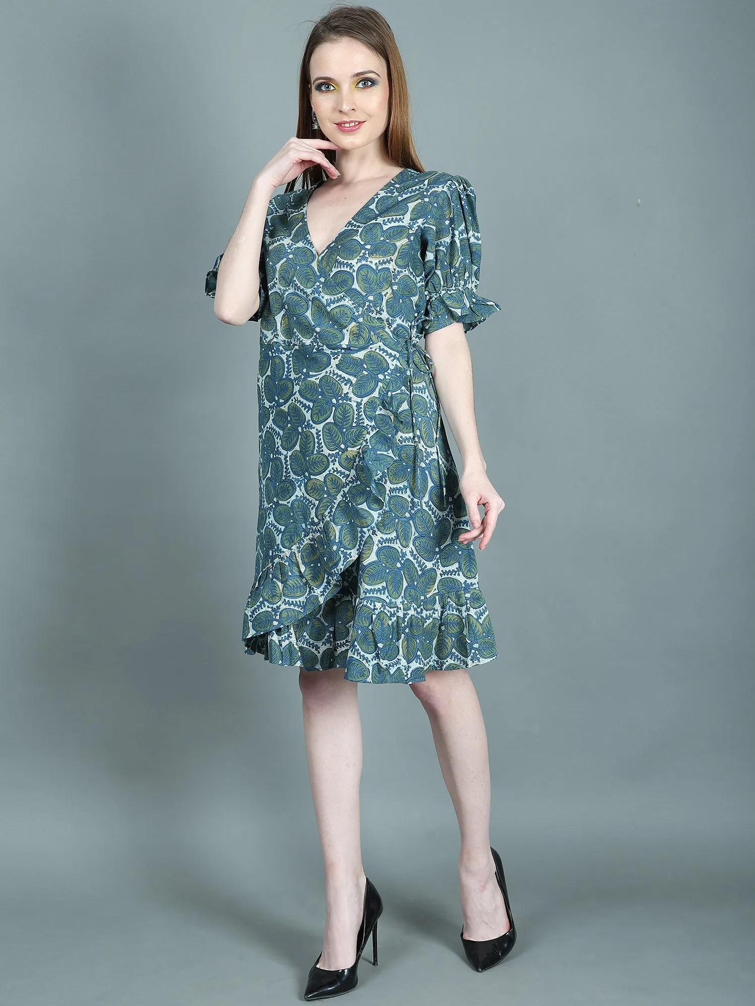 Handlock Print Blue Short Dress for Women