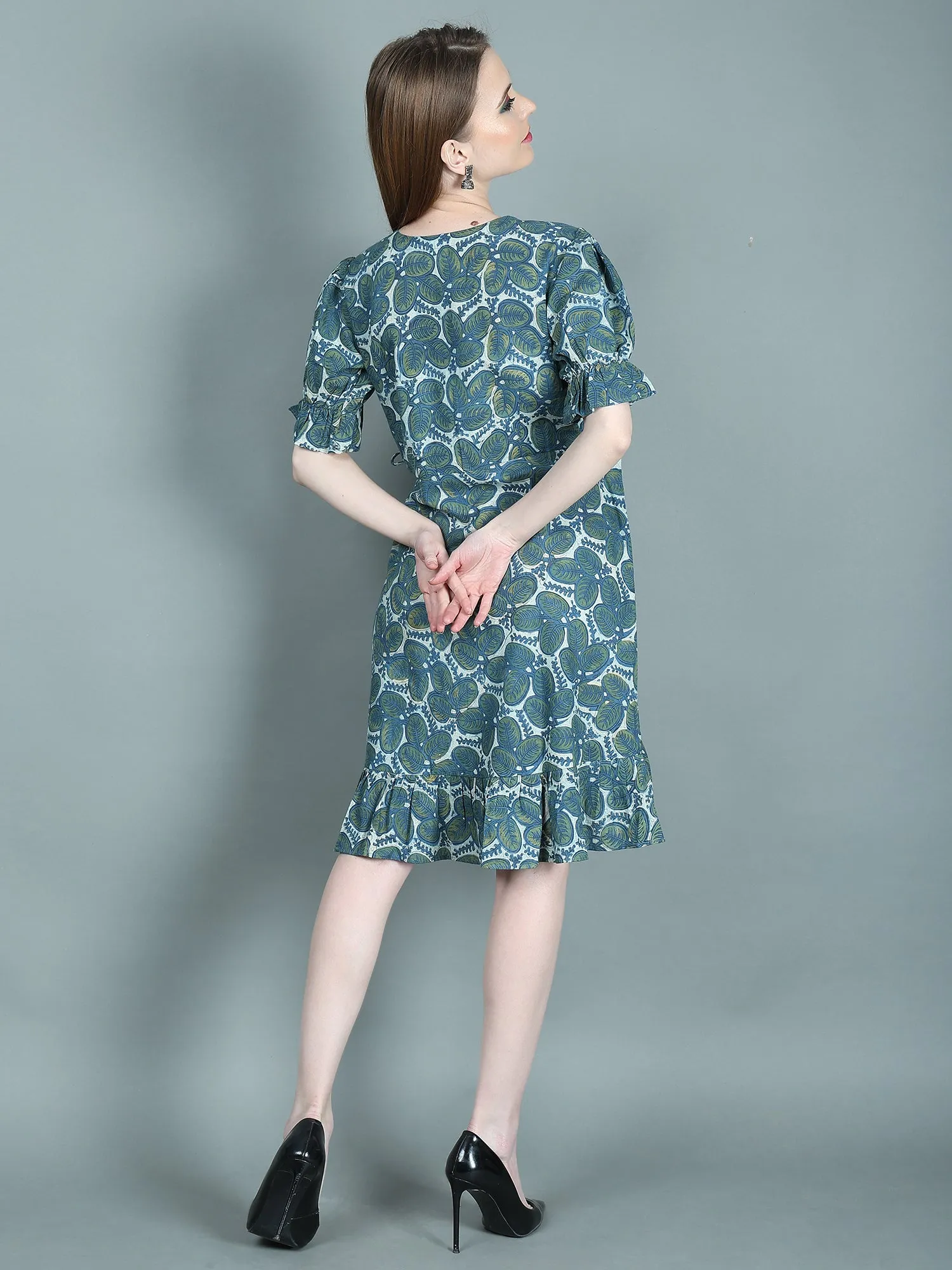 Handlock Print Blue Short Dress for Women