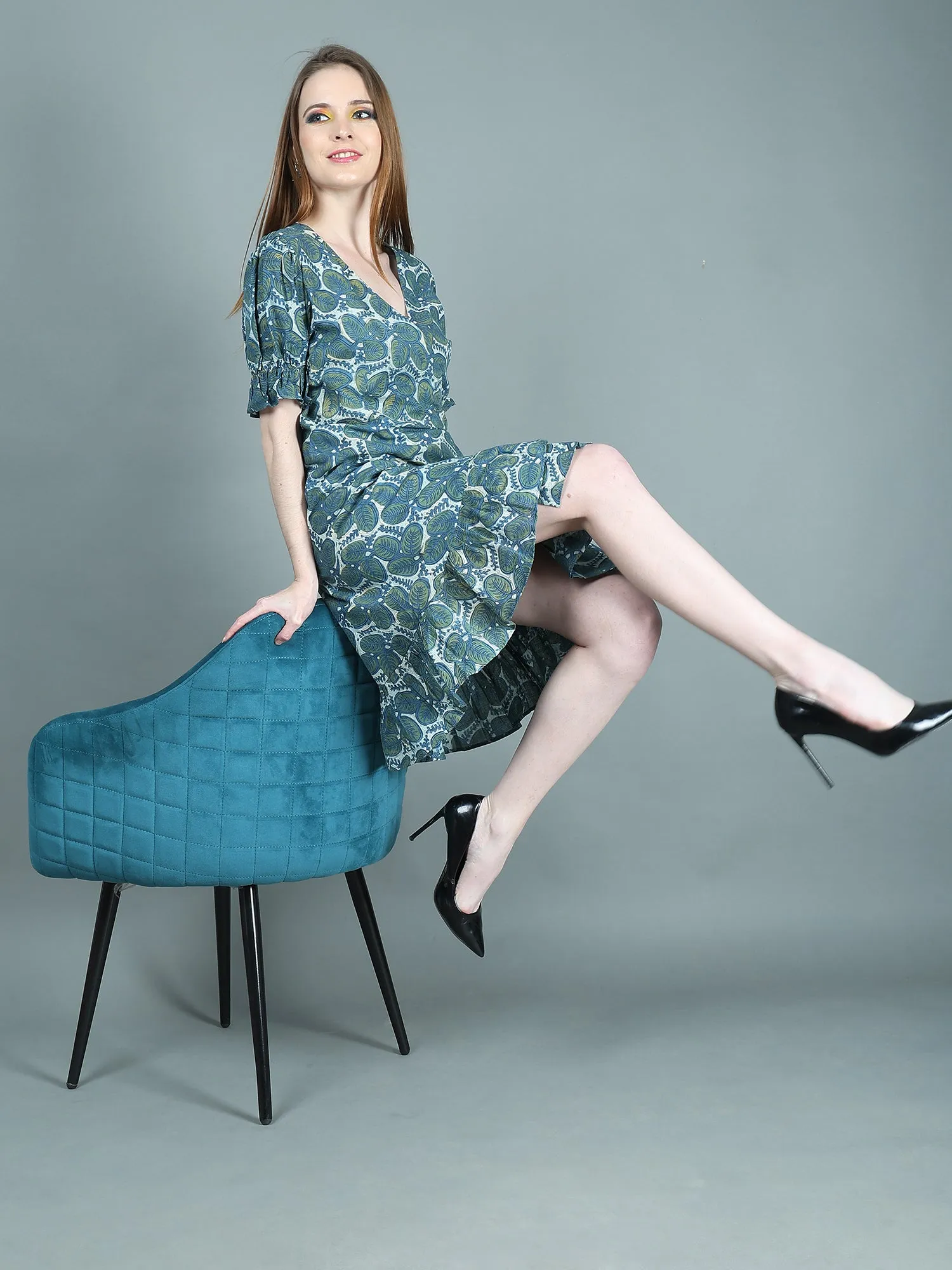 Handlock Print Blue Short Dress for Women