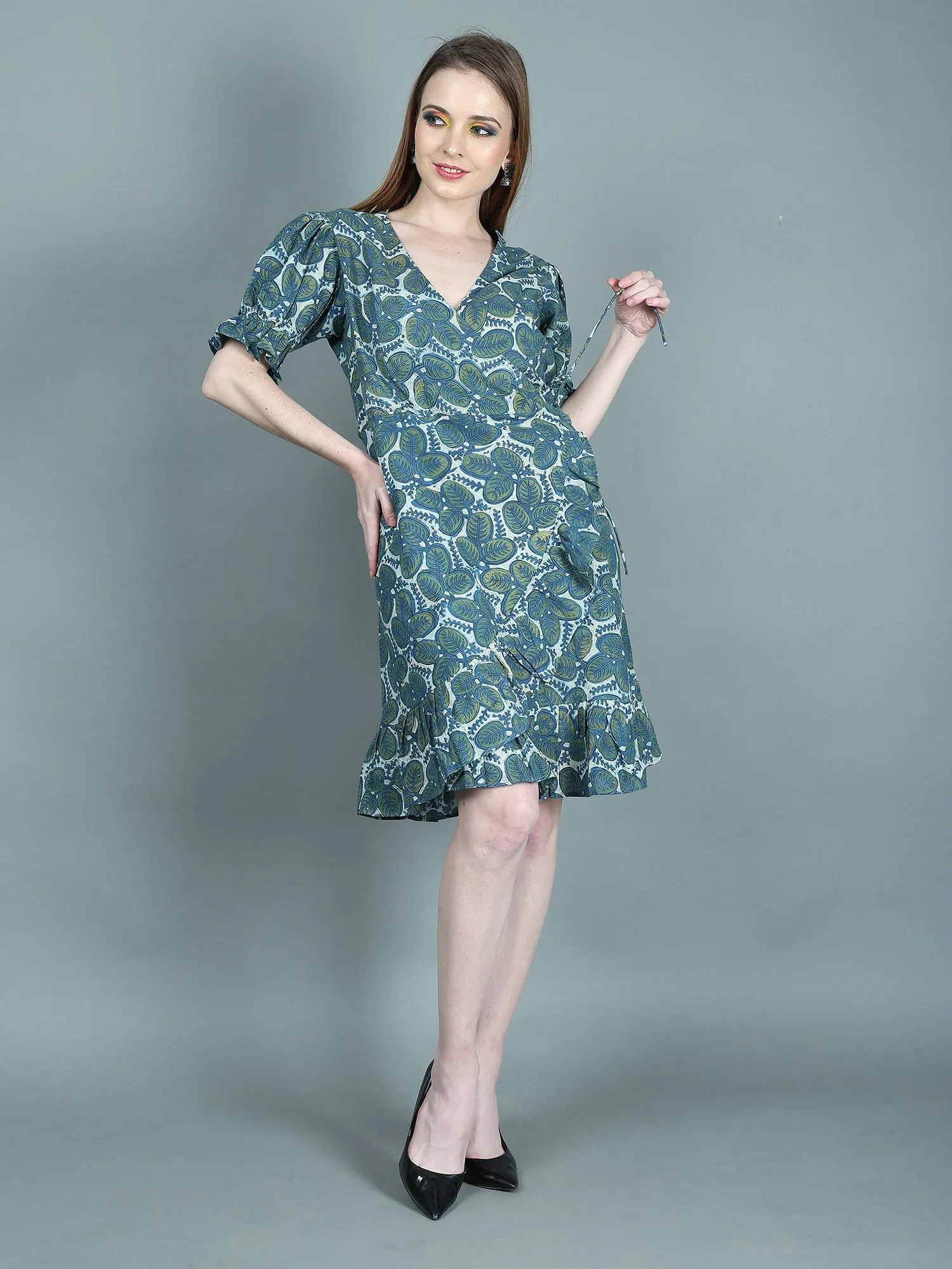 Handlock Print Blue Short Dress for Women