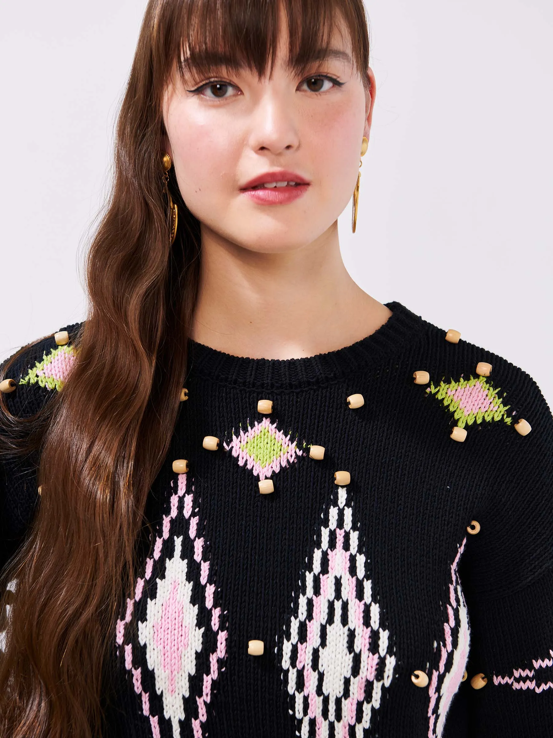 Intarsia Diamond Beaded Cotton Jumper Black