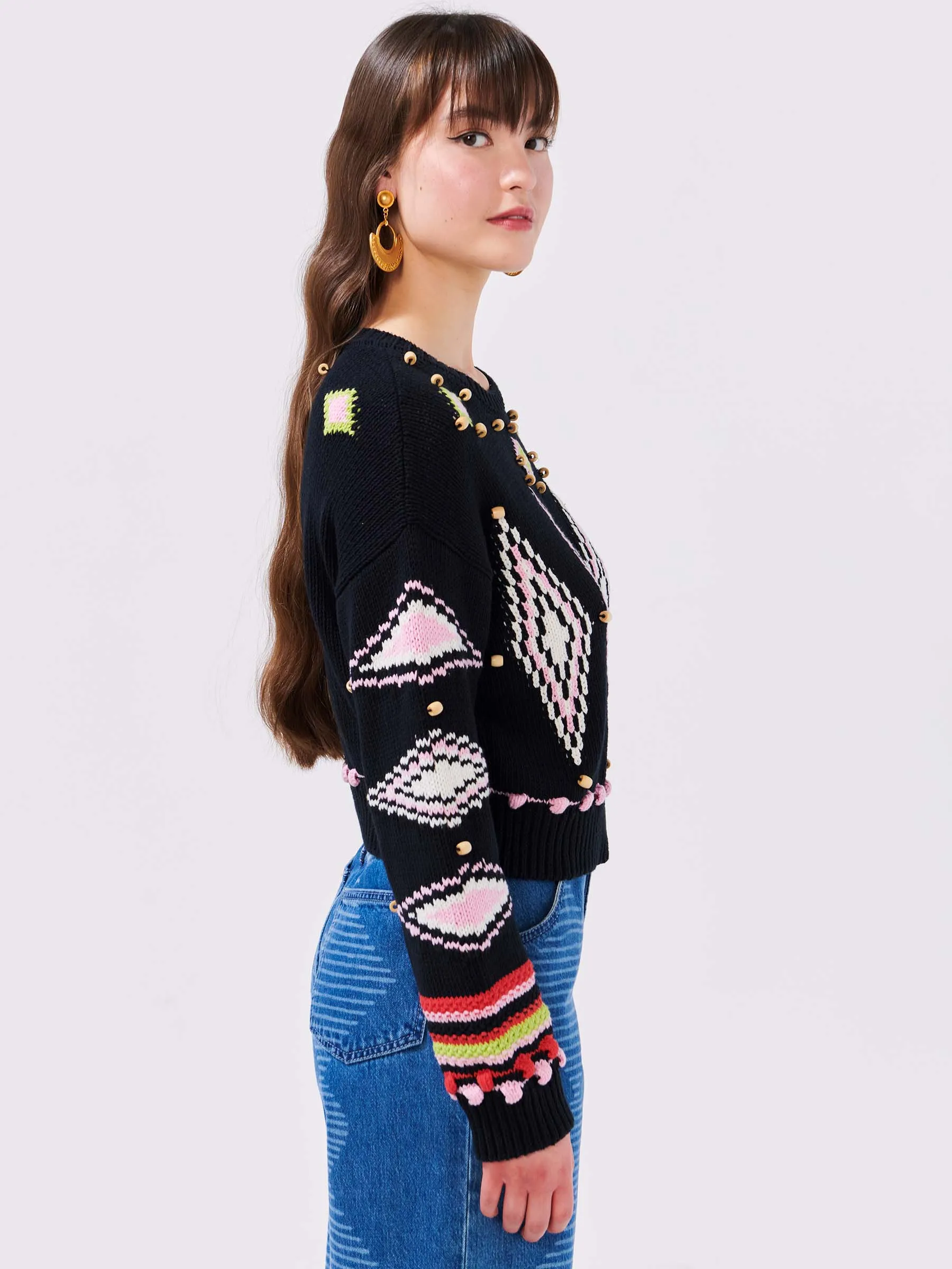 Intarsia Diamond Beaded Cotton Jumper Black