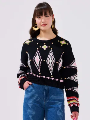 Intarsia Diamond Beaded Cotton Jumper Black