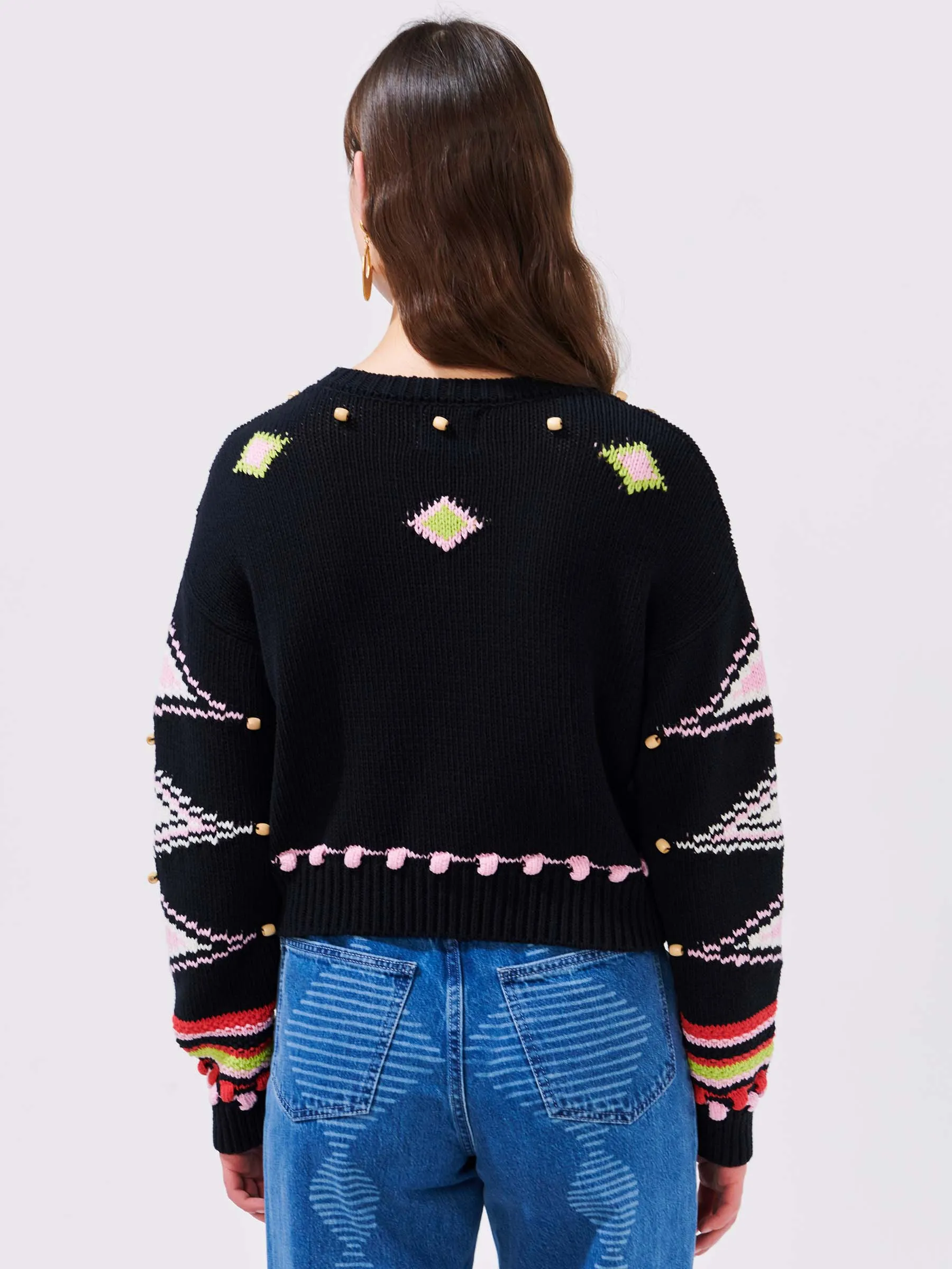 Intarsia Diamond Beaded Cotton Jumper Black