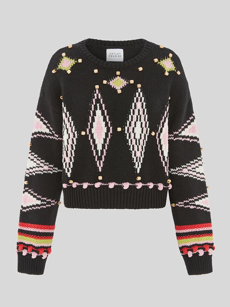 Intarsia Diamond Beaded Cotton Jumper Black